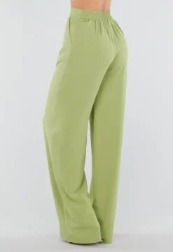 Groene Linnenlook Wide Leg Pantalon met Hoge Taille en Plooien