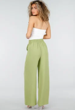 Groene Linnenlook Wide Leg Stretch Pantalon met Hoge Taille en Plooien