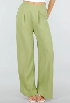 Groene Linnenlook Wide Leg Stretch Pantalon met Hoge Taille en Plooien