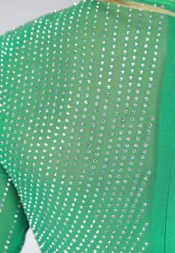 Groene Longsleeve Glitter Jurk met Strass Steentjes en Uitsnede