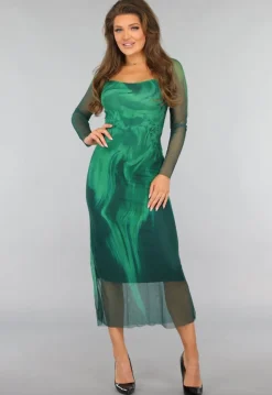 Groene Mesh Jurk met Marmer Print