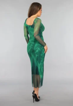 Groene Mesh Jurk met Marmer Print
