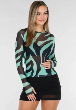 Groene Mesh Top met Zebraprint en Lange Mouwen