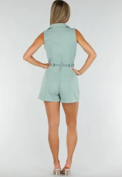Groene Mouwloze Playsuit met Revers, Riem, Blinde Rits en Stretch