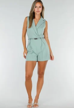 Groene Mouwloze Playsuit met Revers, Riem, Blinde Rits en Stretch