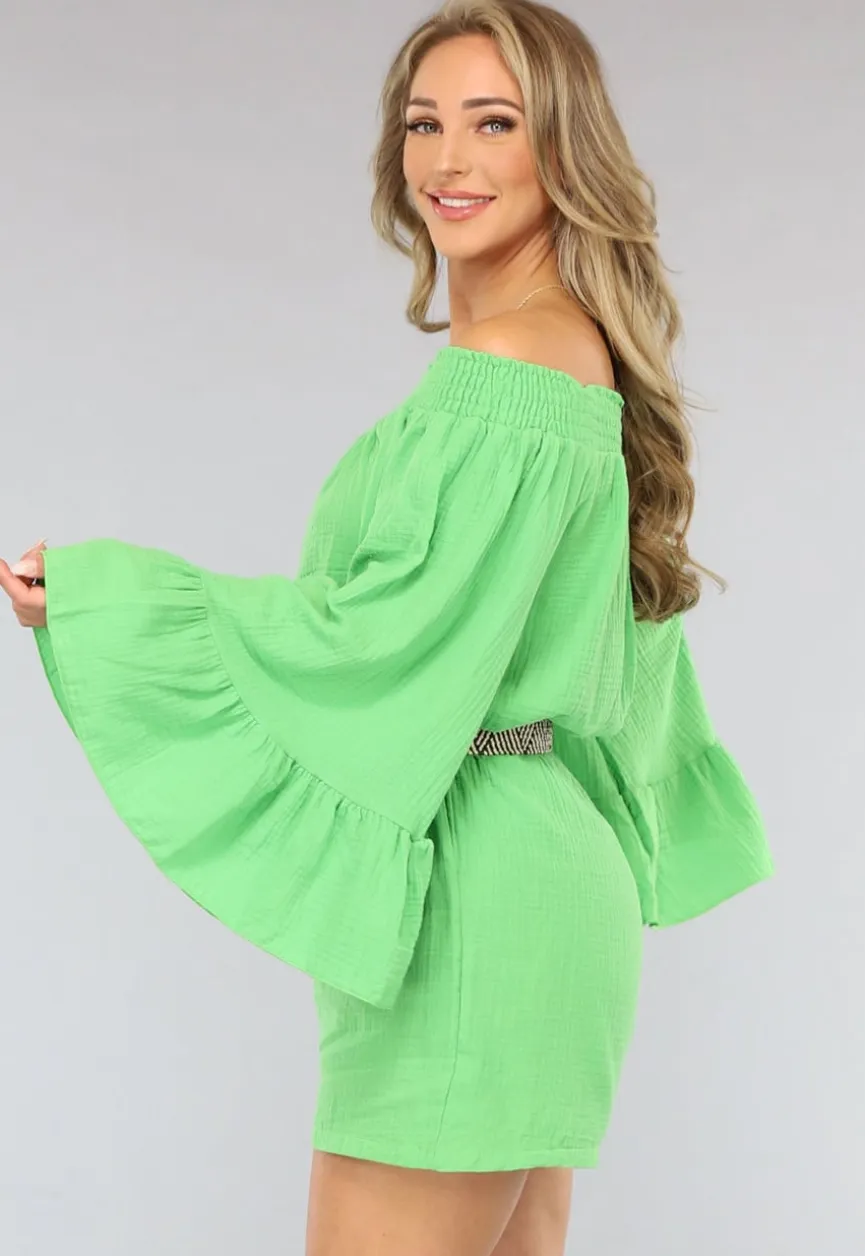 Groene Off Shoulder Mousseline Playsuit