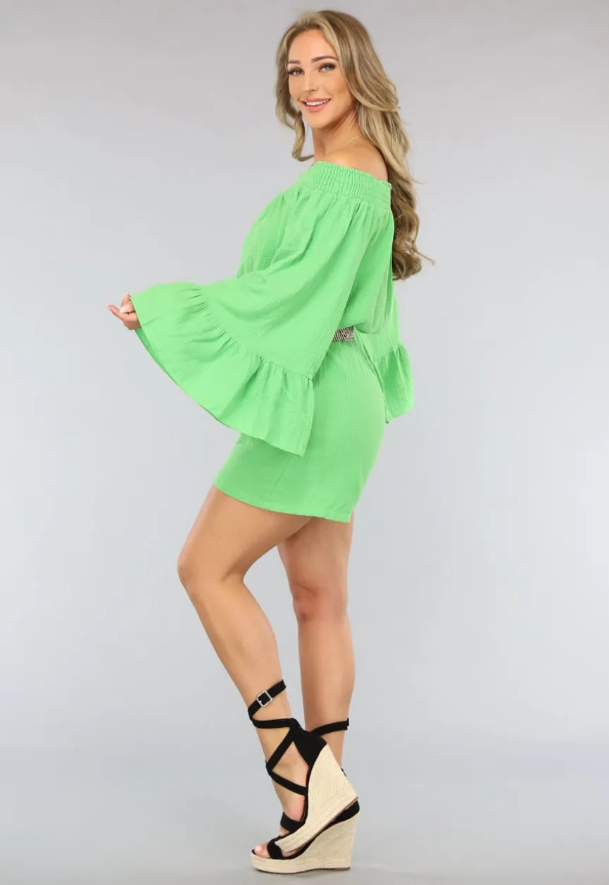 Groene Off Shoulder Mousseline Playsuit