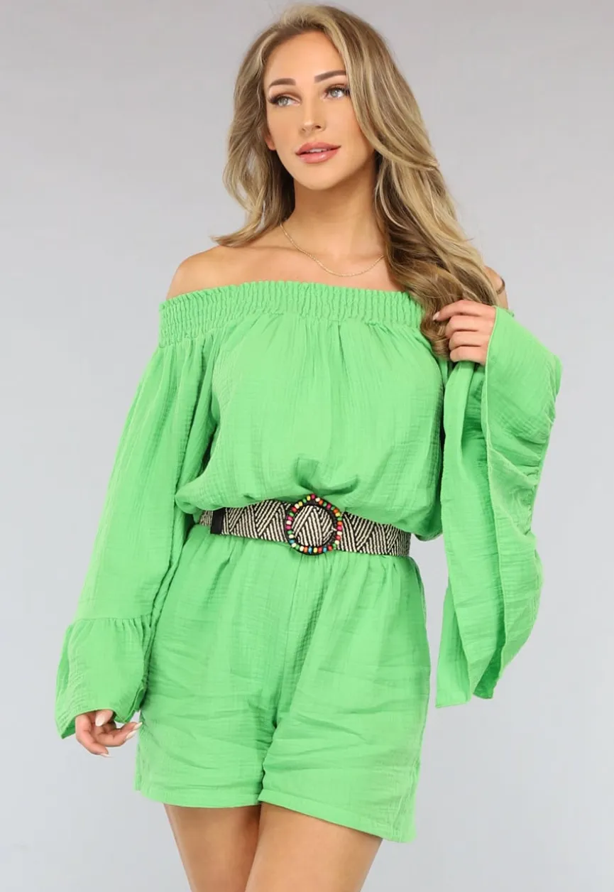 Groene Off Shoulder Mousseline Playsuit
