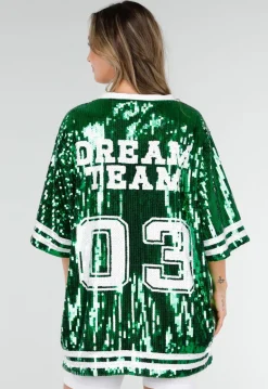 Groene Oversized Pailletten Jersey Top met V Hals