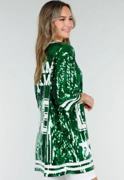Groene Oversized Pailletten Jersey Top met V Hals