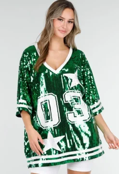 Groene Oversized Pailletten Jersey Top met V Hals