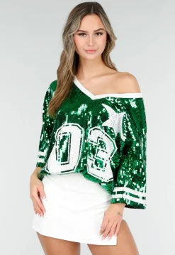 Groene Oversized Pailletten Jersey Top met V Hals