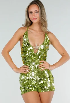 Groene Pailletten Playsuit met Open Rug en Zeester Detail