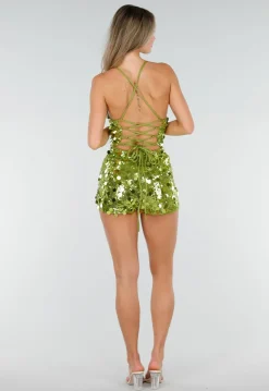 Groene Pailletten Playsuit met Open Rug en Zeester Detail