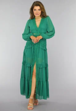 Groene Ruffle Jurk met Pofmouwen
