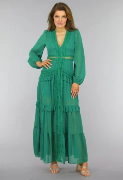 Groene Ruffle Jurk met Pofmouwen