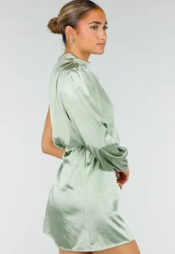 Groene Satijnen One Shoulder Mini Jurk met Lange Mouw en Stretch
