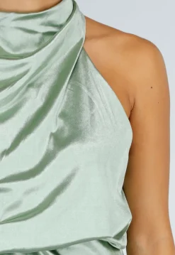 Groene Satijnen One Shoulder Mini Jurk met Lange Mouw en Stretch