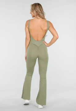 Groene Scrunch Jumpsuit met Lage Rug en Flared Pijpen