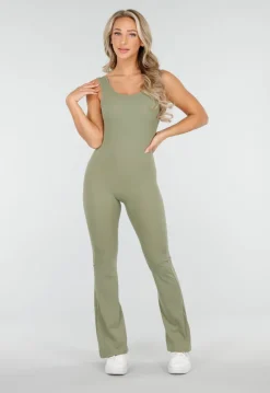 Groene Scrunch Jumpsuit met Lage Rug en Flared Pijpen