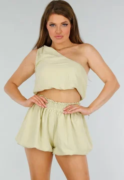 Groene Two Piece Set met Pof Detail, Strik Detail en Stretch