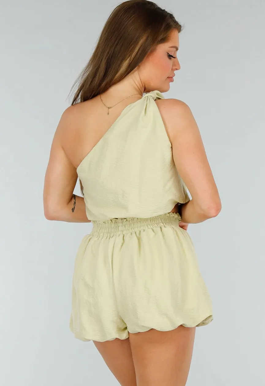 Groene Two Piece Set met Pof Detail, Strik Detail en Stretch