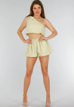 Groene Two Piece Set met Pof Detail, Strik Detail en Stretch