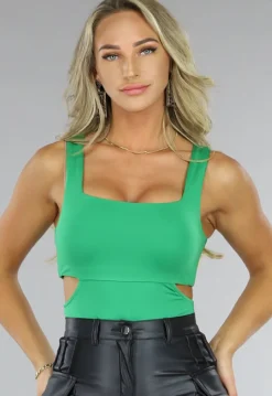 Groene Vierkante Hals Bodysuit met Uitsnede