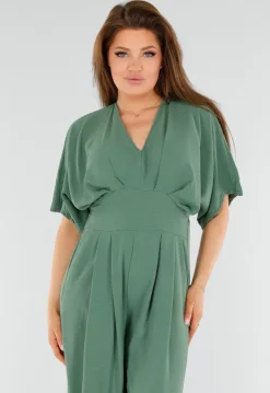 Groene Wijde Jumpsuit met V-Hals en Striksluiting op de Rug