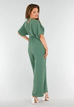Groene Wijde Jumpsuit met V-Hals en Striksluiting op de Rug