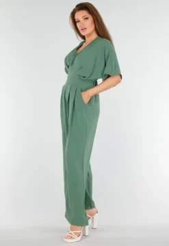 Groene Wijde Jumpsuit met V-Hals en Striksluiting op de Rug