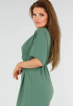 Groene Wijde Jumpsuit met V-Hals en Striksluiting op de Rug