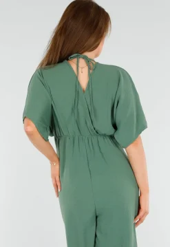 Groene Wijde Jumpsuit met V-Hals en Striksluiting op de Rug