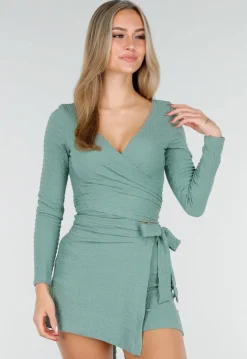 Groene Wikkel Top met Lange Mouwen en Stretch