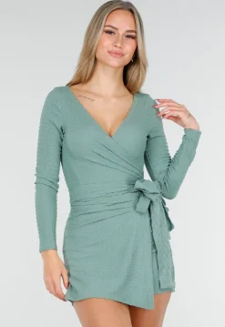 Groene Wikkel Top met Lange Mouwen en Stretch