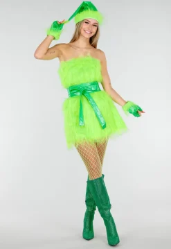 Groen Grinch Kostuum van Fluffy Stof met Ceintuur