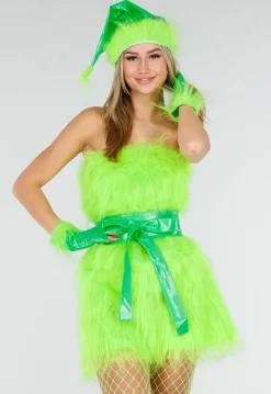 Groen Grinch Kostuum van Fluffy Stof met Ceintuur