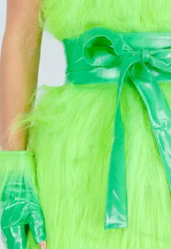Groen Grinch Kostuum van Fluffy Stof met Ceintuur