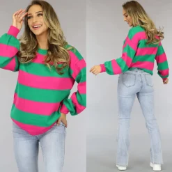 Groen/Roze Trui met Horizontale Strepen