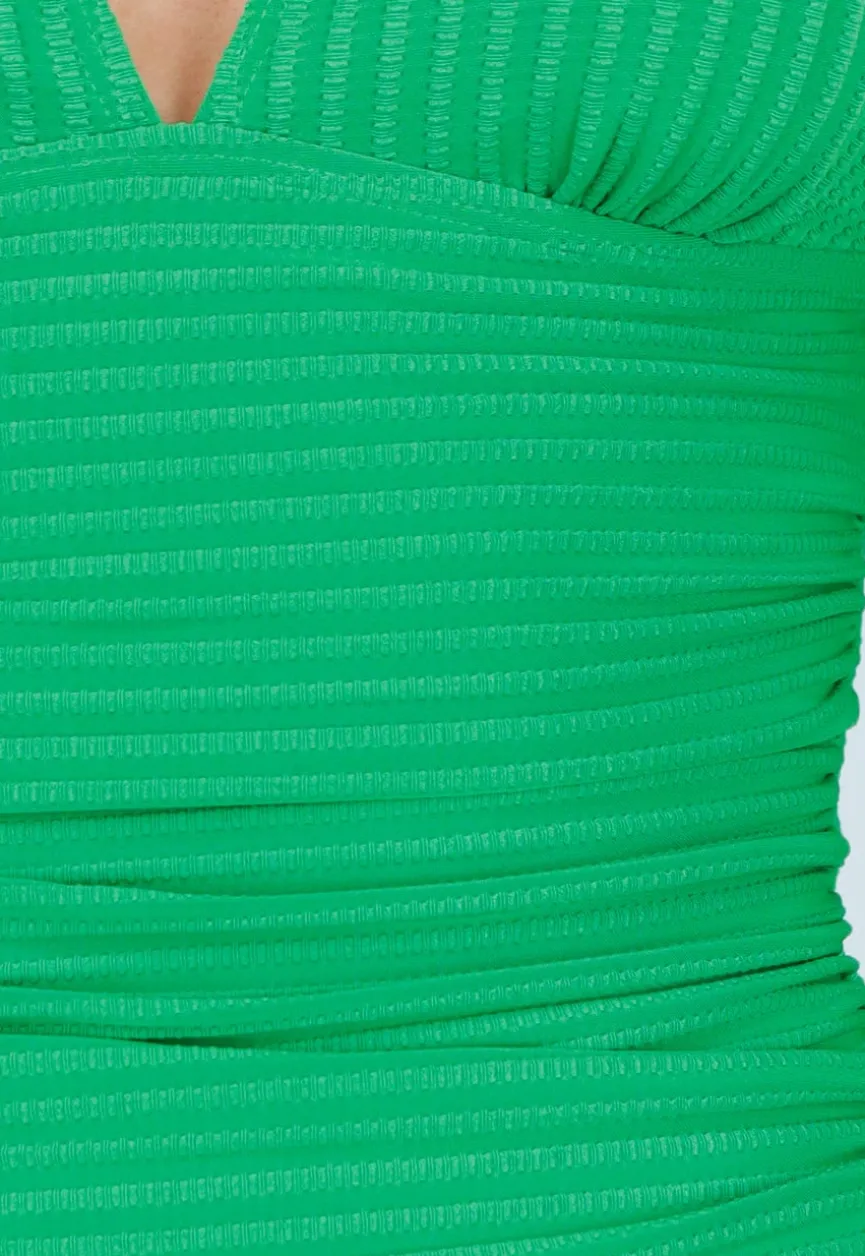 Groen Triangel Halter Badpak met Ribstructuur en Diepe V-Hals