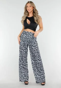 High Waist Leopard Print Linnelook Broek met Steekzakken