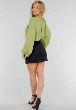 High Waist Overslagrok met Rits Geweven Zwart