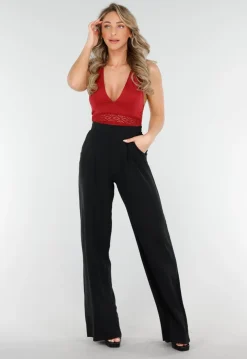 High Waist Zwarte Linnen Look Broek met Tailleband