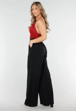 High Waist Zwarte Linnen Look Broek met Tailleband