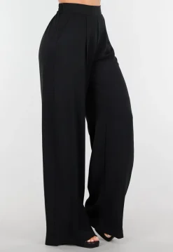 High Waist Zwarte Linnen Look Broek met Tailleband