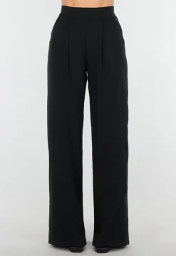 High Waist Zwarte Linnen Look Broek met Tailleband