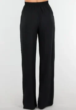 High Waist Zwarte Linnen Look Broek met Tailleband