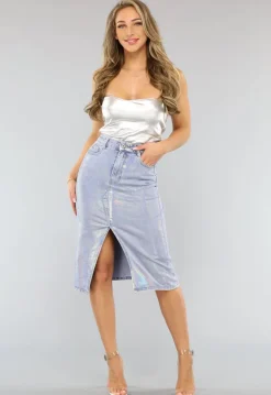Holografische Coated Midi Denim Rok