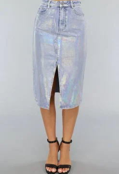 Holografische Coated Midi Denim Rok