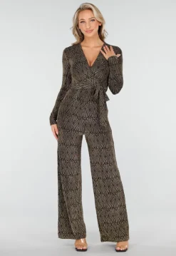 Jumpsuit met Ceintuur en Lange Mouwen in Goud met Glitterprint